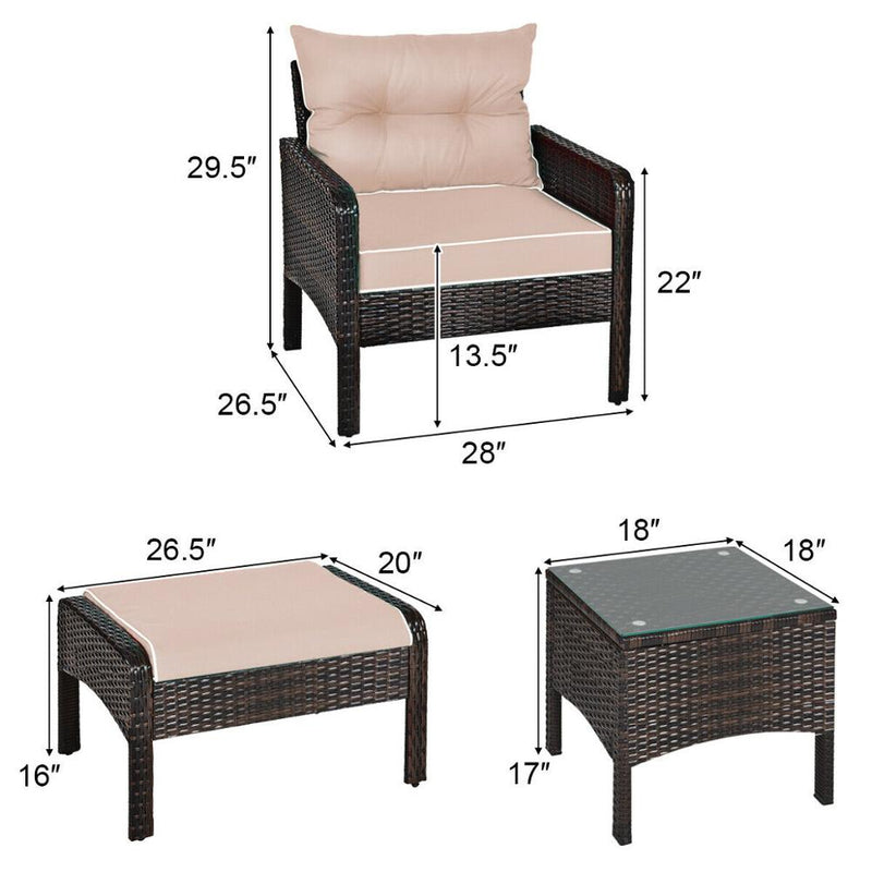 5 PCS Patio Rattan Wicker Furniture Set Sofa Ottoman Coffee Table Cushioned Yard HW63771