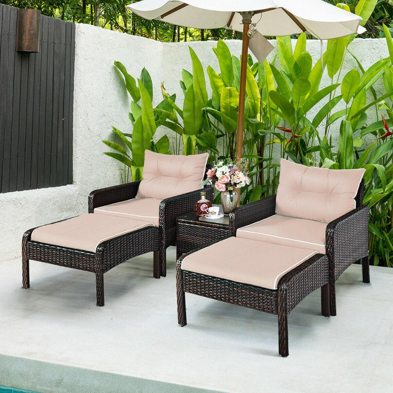 5 PCS Patio Rattan Wicker Furniture Set Sofa Ottoman Coffee Table Cushioned Yard HW63771