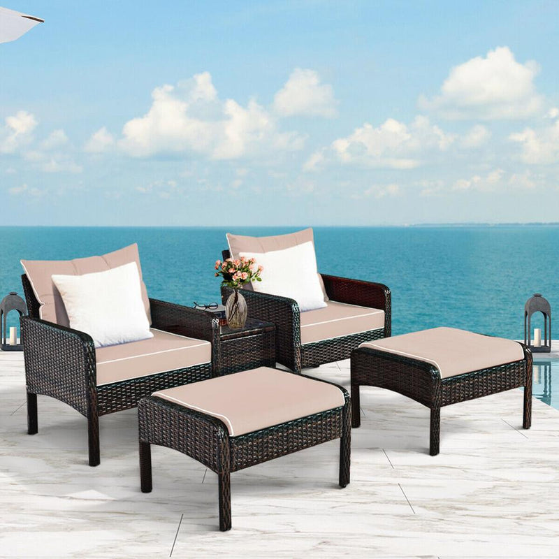 5 PCS Patio Rattan Wicker Furniture Set Sofa Ottoman Coffee Table Cushioned Yard HW63771