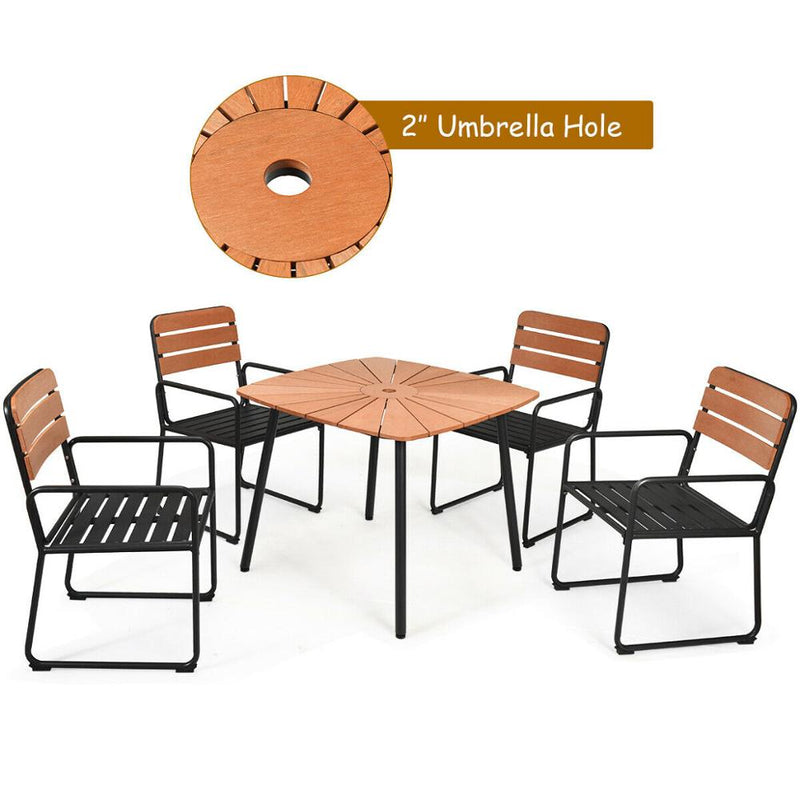 5PCS Outdoor Patio Dining Table Set Aluminium Frame Armrest Umbrella Hole Garden HW65844