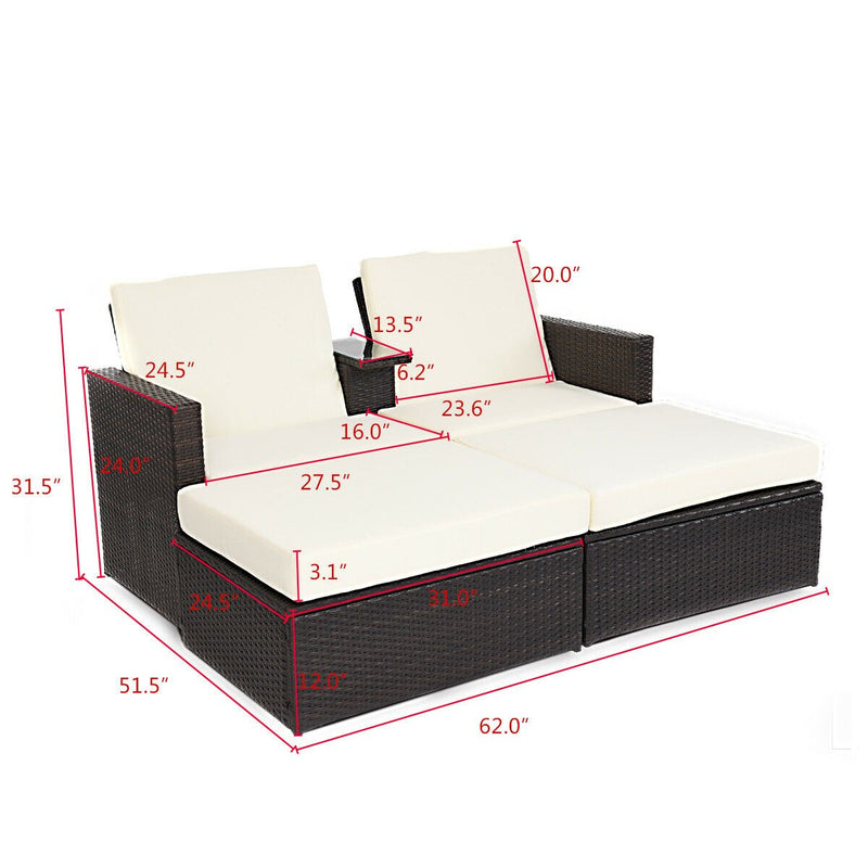 Double Lying Bed Chaise Lounge Chair Set Garden Rattan Wicker Outdoor Love Seat OP3424+