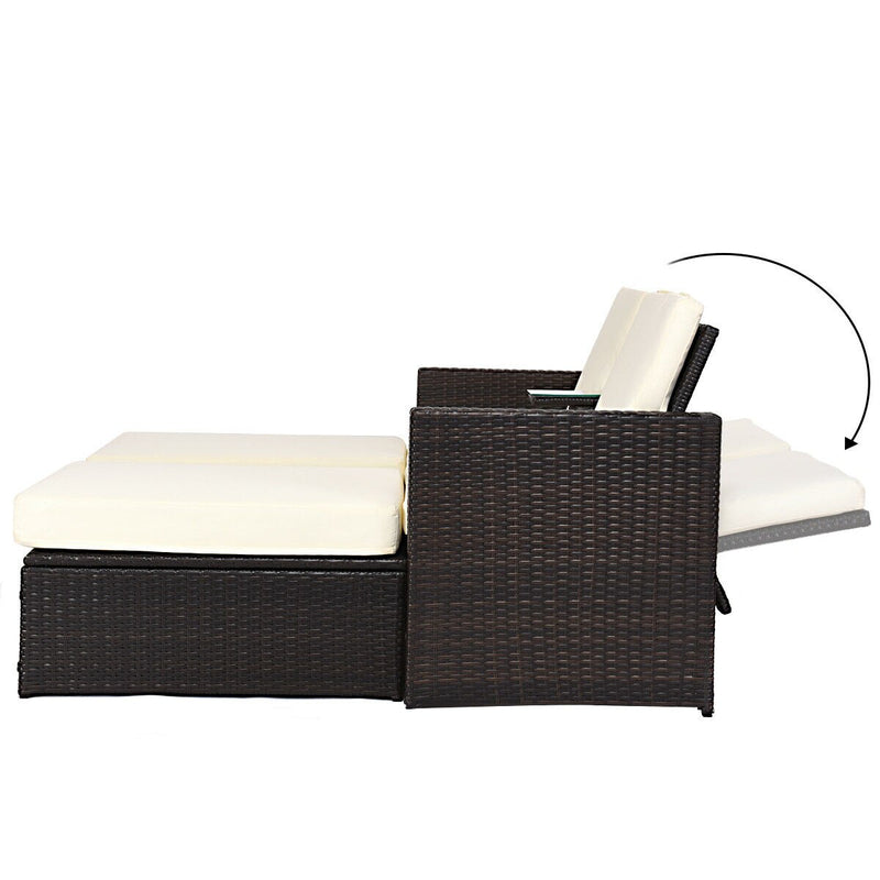 Double Lying Bed Chaise Lounge Chair Set Garden Rattan Wicker Outdoor Love Seat OP3424+
