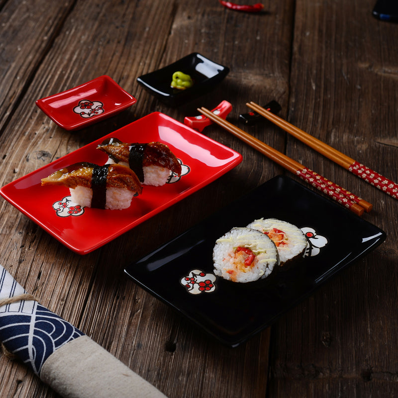 Japanese Style Plum Porcelain Sushi Plate Set with Gift Box