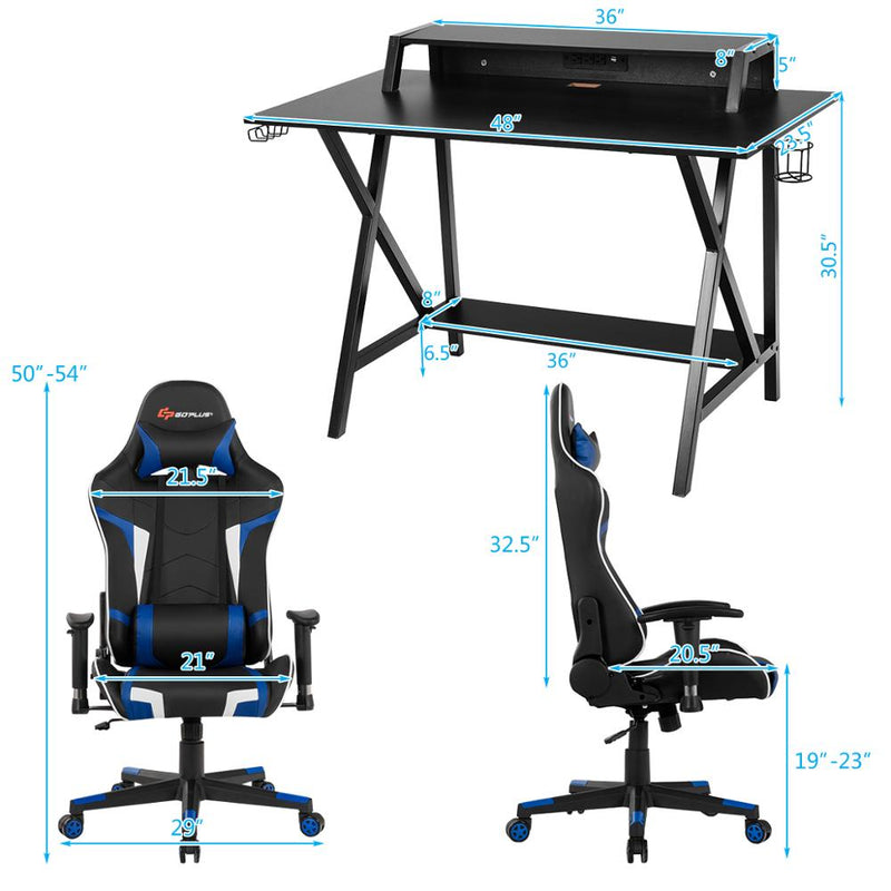 Gaming Computer Desk & Massage Gaming Chair Set w/Monitor Shelf Power Strip HW66033+HW66185