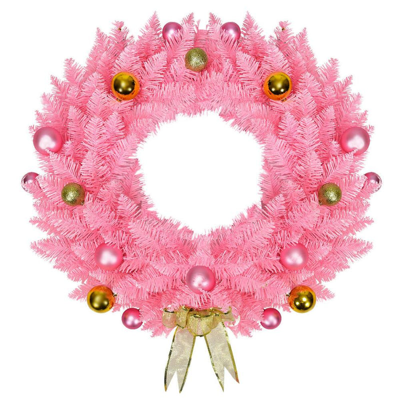 24" Artificial PVC Christmas Wreath 140 Tips w/ Ornament Balls & Golden Bow Pink