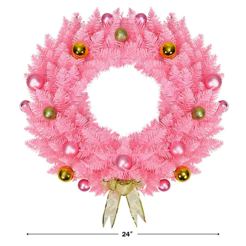 24" Artificial PVC Christmas Wreath 140 Tips w/ Ornament Balls & Golden Bow Pink