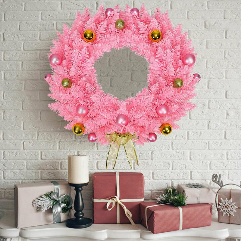 24" Artificial PVC Christmas Wreath 140 Tips w/ Ornament Balls & Golden Bow Pink