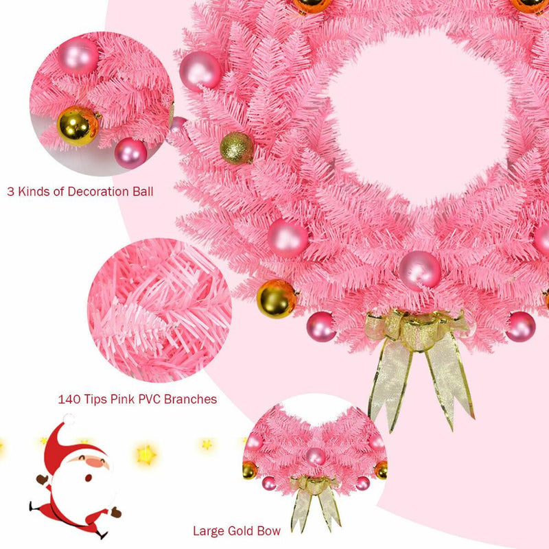 24" Artificial PVC Christmas Wreath 140 Tips w/ Ornament Balls & Golden Bow Pink