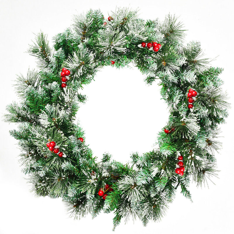 24" Pre-lit Flocked Artificial Christmas Spruce Wreath w/ 50 LED Lights & Timer CM22791
