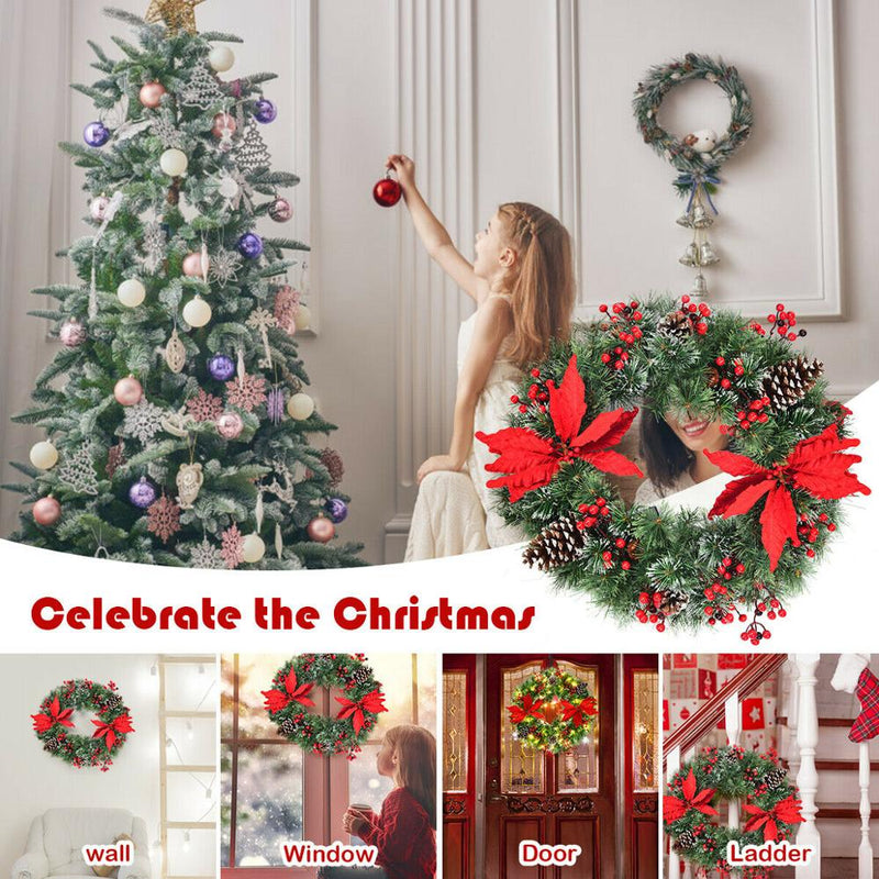 24" Pre-lit Artificial Christmas Wreath Battery Operated w/ 50 LED Light & Timer CM22820