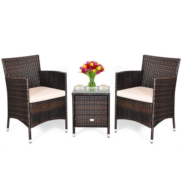 Outdoor 3 PCS Rattan Wicker Furniture Sets Chairs Coffee Table Garden HW63850