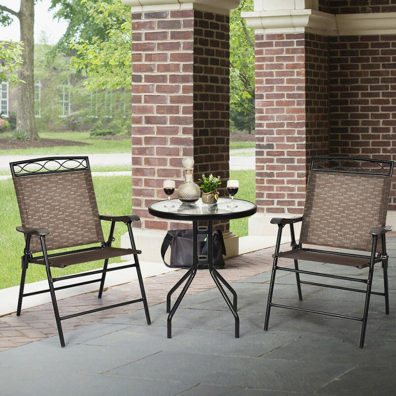 3 PCS Bistro Conversation Patio Pub Dining Set W/ 2 Folding Chairs & Glass Table OP70339