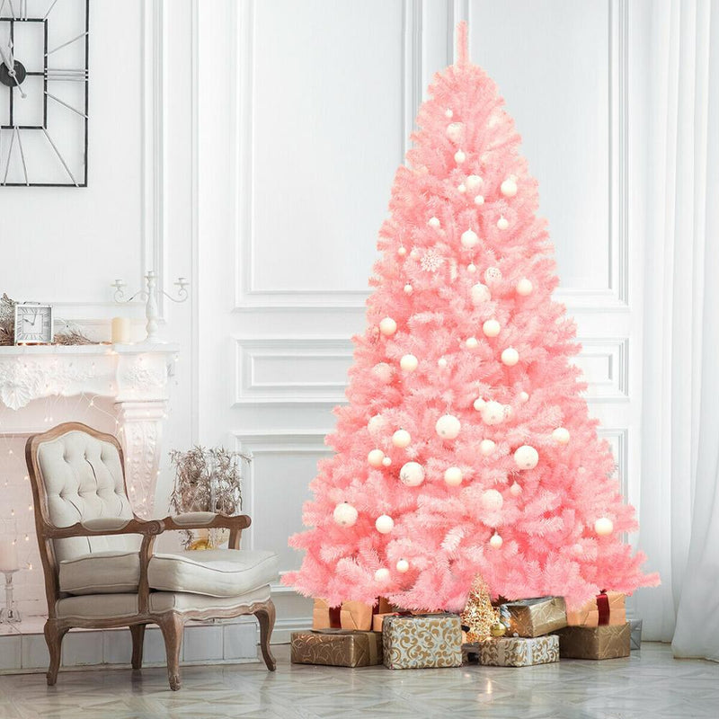 7.5Ft Hinged Artificial Christmas Tree Full Fir Tree New PVC w/ Metal Stand Pink CM22823