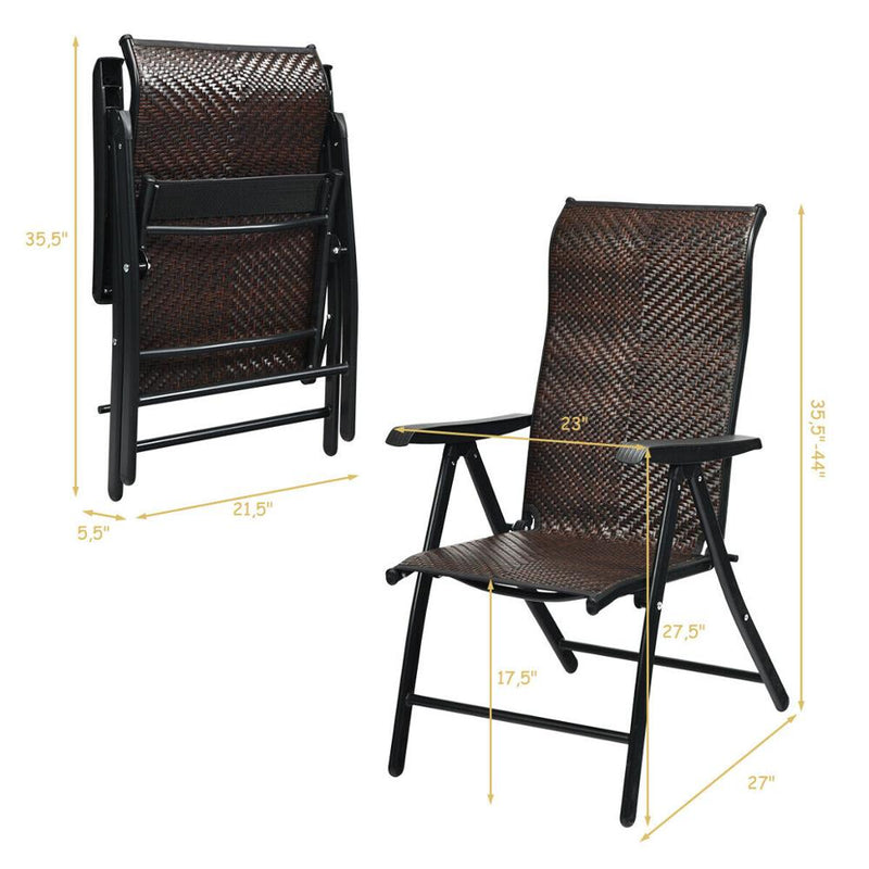 2PC Patio Rattan Folding Chair Recliner Back Adjustable Portable Camping Armrest