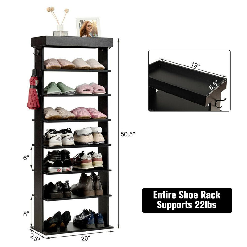 7-Tier Shoe Rack Vertical Design Wooden Shoe Storage Shelf w/Hooks