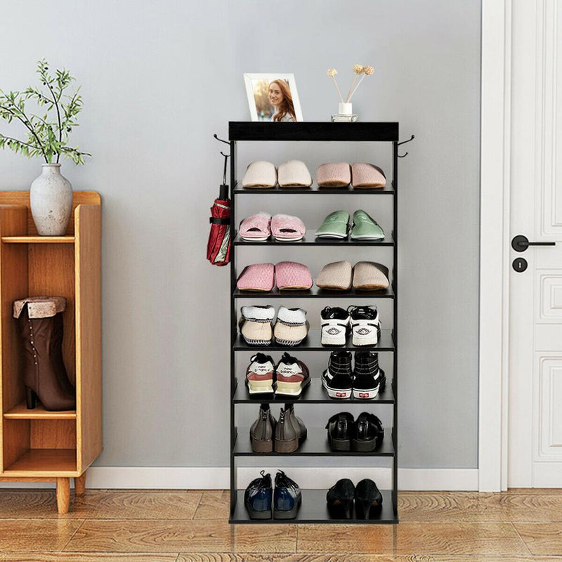 7-Tier Shoe Rack Vertical Design Wooden Shoe Storage Shelf w/Hooks