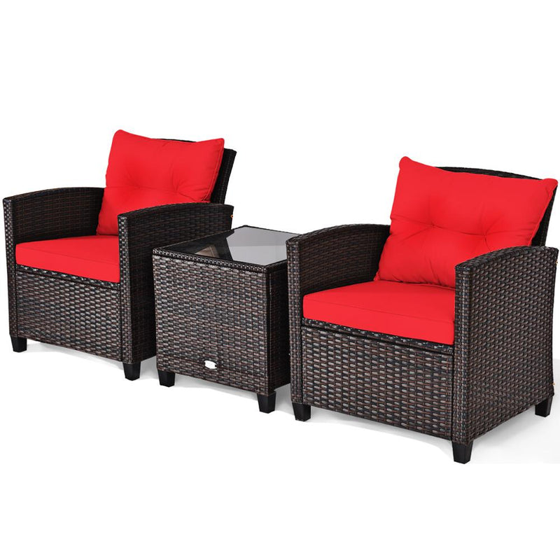 3PCS Patio Rattan Furniture Set Cushioned Conversation Set Sofa Coffee Table