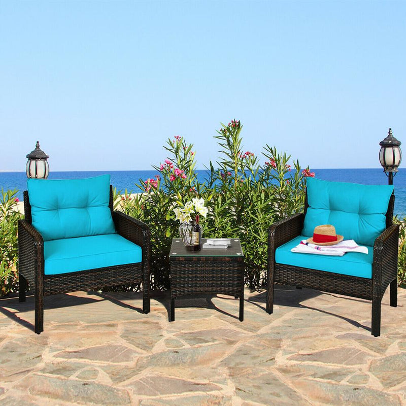3PCS Outdoor Rattan Conversation Set Patio Garden Cushioned Sofa Chair HW63760
