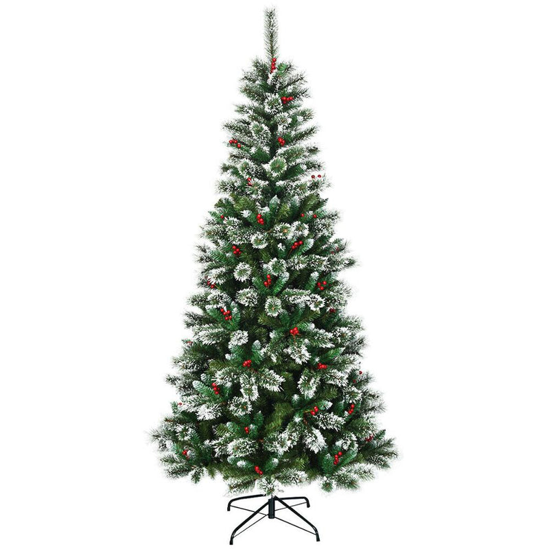 7 ft Snow Flocked Artificial Christmas Hinged Tree w/ Pine Needles & Red Berries CM22801