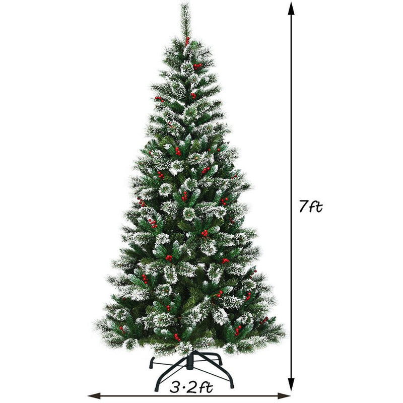 7 ft Snow Flocked Artificial Christmas Hinged Tree w/ Pine Needles & Red Berries CM22801
