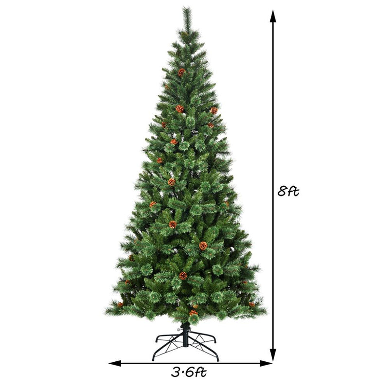 8 ft Premium Hinged Artificial Christmas Tree Mixed Pine Needles w/ Pine Cones CM22805