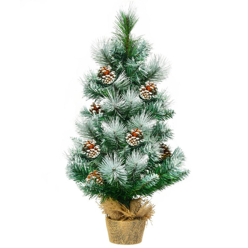 24" Snow Flocked Artificial Christmas Tree Tabletop w/Pine Cones and Burlap Base