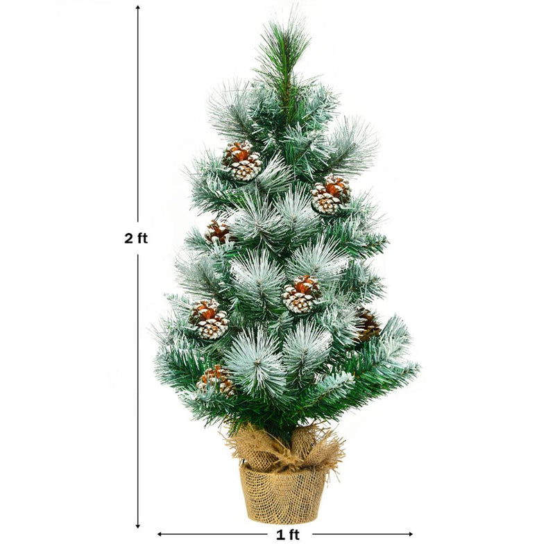 24" Snow Flocked Artificial Christmas Tree Tabletop w/Pine Cones and Burlap Base