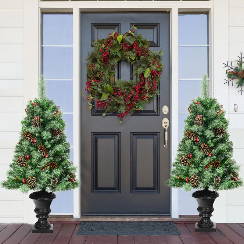 Set of 2 Christmas Entrance Tree 4ft w/Pine Cones Red Berries & Glitter Branches 2*CM22794