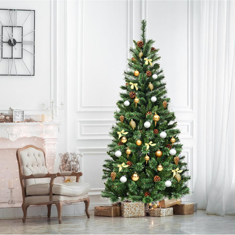 7 ft Premium Hinged Artificial Christmas Tree Mixed Pine Needles w/ Pine Cones CM22804