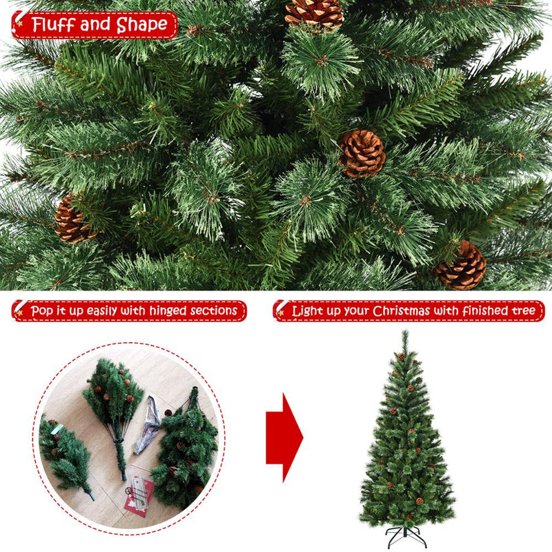 7 ft Premium Hinged Artificial Christmas Tree Mixed Pine Needles w/ Pine Cones CM22804