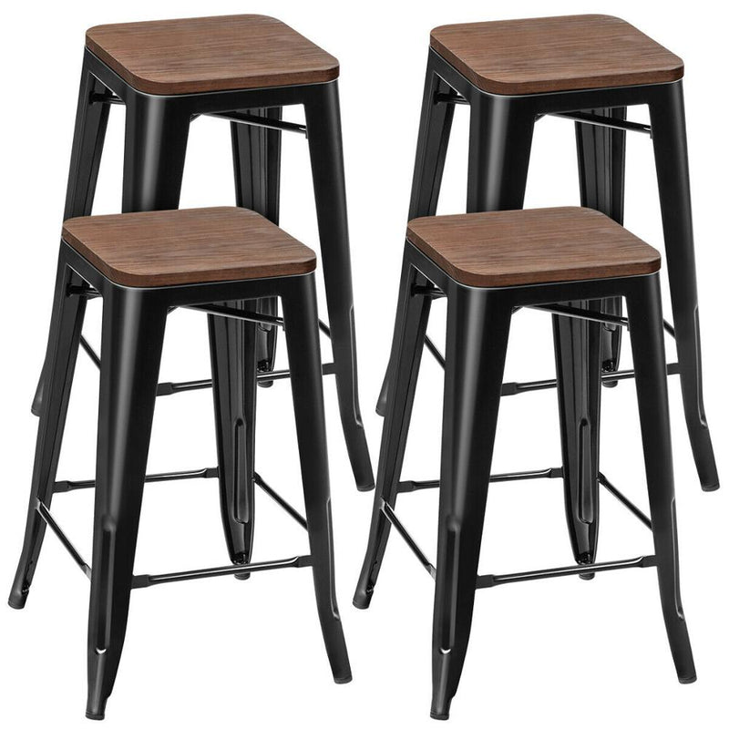 Set of 4 Counter Height Backless Barstool 26'' Metal Stackable Stool w/Wood Seat HW66692BK-4
