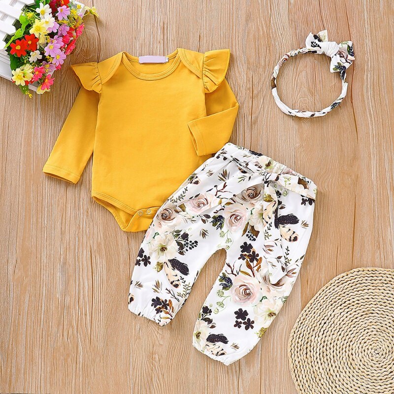 Baby Girl Clothes  Long Flare Sleeve Romper Tops Flower Print Trousers Headband 3 Piece set