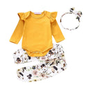 Baby Girl Clothes  Long Flare Sleeve Romper Tops Flower Print Trousers Headband 3 Piece set