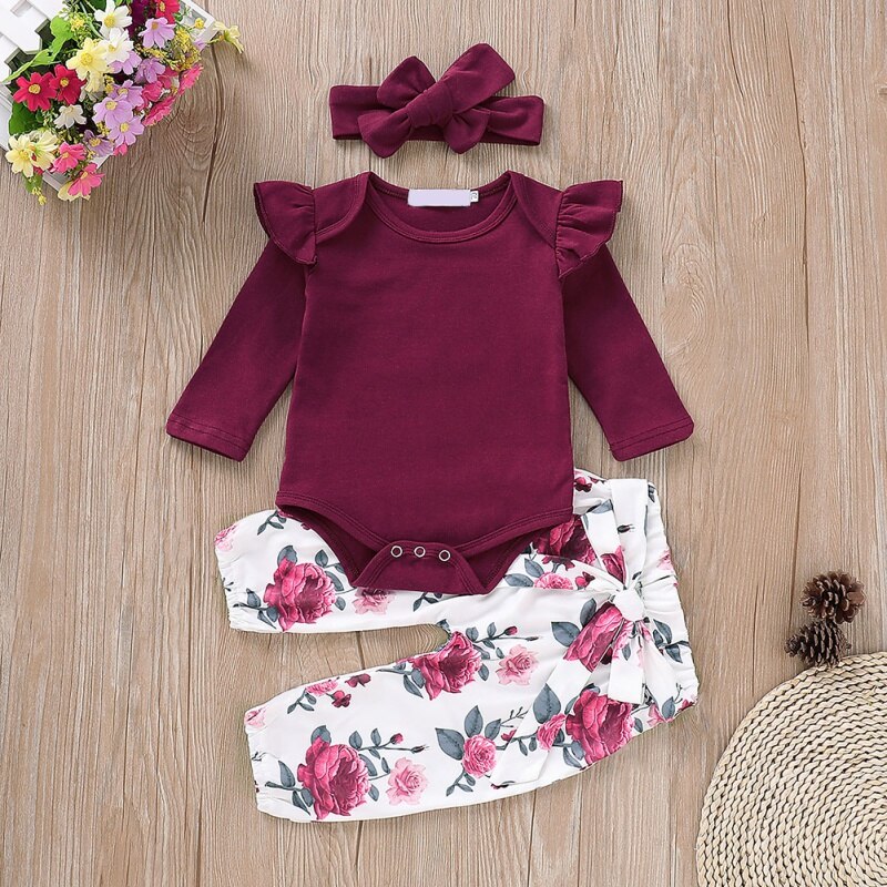 Baby Girl Clothes  Long Flare Sleeve Romper Tops Flower Print Trousers Headband 3 Piece set