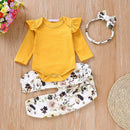 Baby Girl Clothes  Long Flare Sleeve Romper Tops Flower Print Trousers Headband 3 Piece set