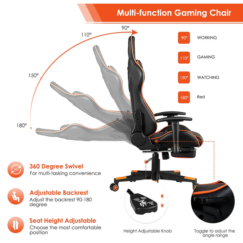 Massage Gaming Reclining Racing Chair w/ Massage Lumbar Support & Footrest HW62318YE