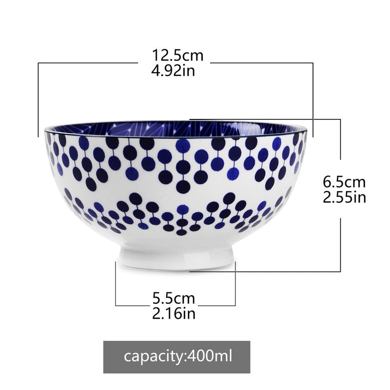 6-pieces Japanese Style Design Ceramic Bowls Set Blue and White Spot Bowl