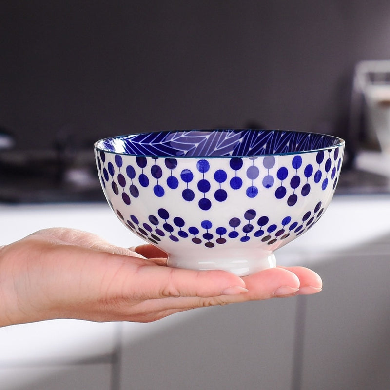6-pieces Japanese Style Design Ceramic Bowls Set Blue and White Spot Bowl