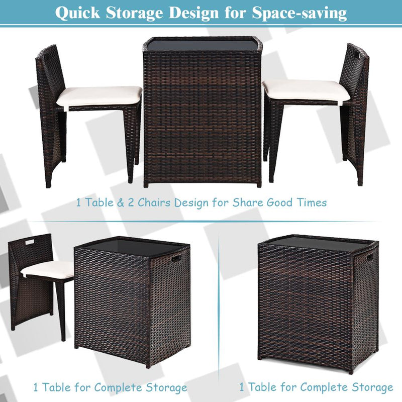 3PCS Outdoor Patio Rattan Furniture Set Space Saving Garden Deck W/Cushion