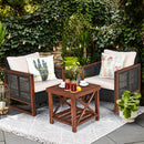 3PCS Patio Wicker Furniture Set Solid Wood Frame Cushion Sofa Square Table Shelf HW65227