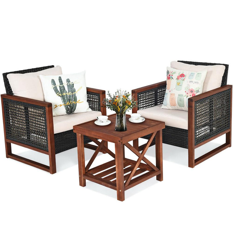 3PCS Patio Wicker Furniture Set Solid Wood Frame Cushion Sofa Square Table Shelf HW65227