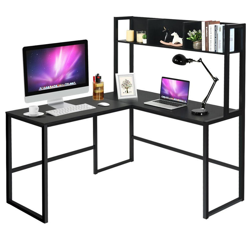55" L-Shaped Desk Corner Computer Desk Writing Workstation Table w/Hutch HW63364