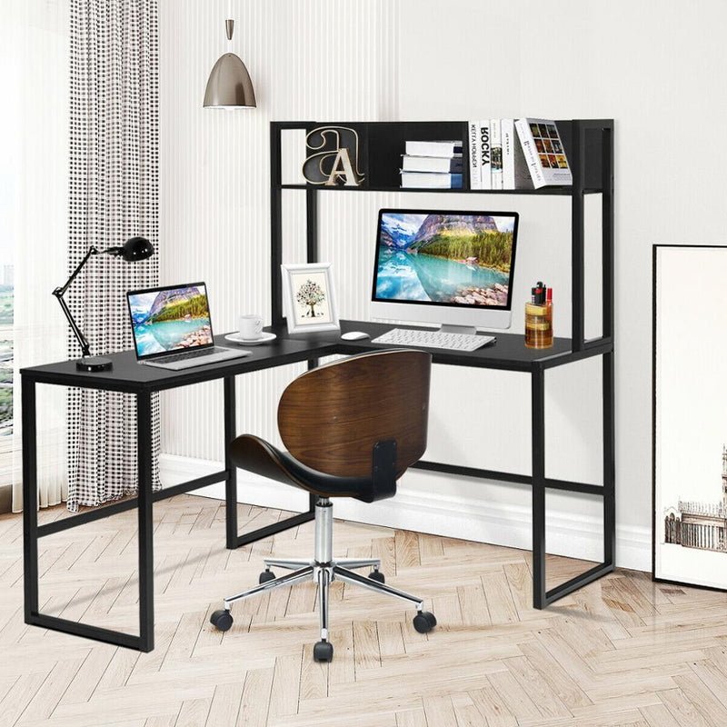 55" L-Shaped Desk Corner Computer Desk Writing Workstation Table w/Hutch HW63364