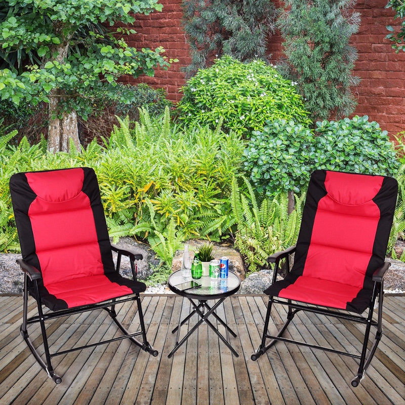 3 PCS Outdoor Folding Rocking Chair Table Set Bistro Sets Patio Furniture Red Outdoor Furniture OP3638