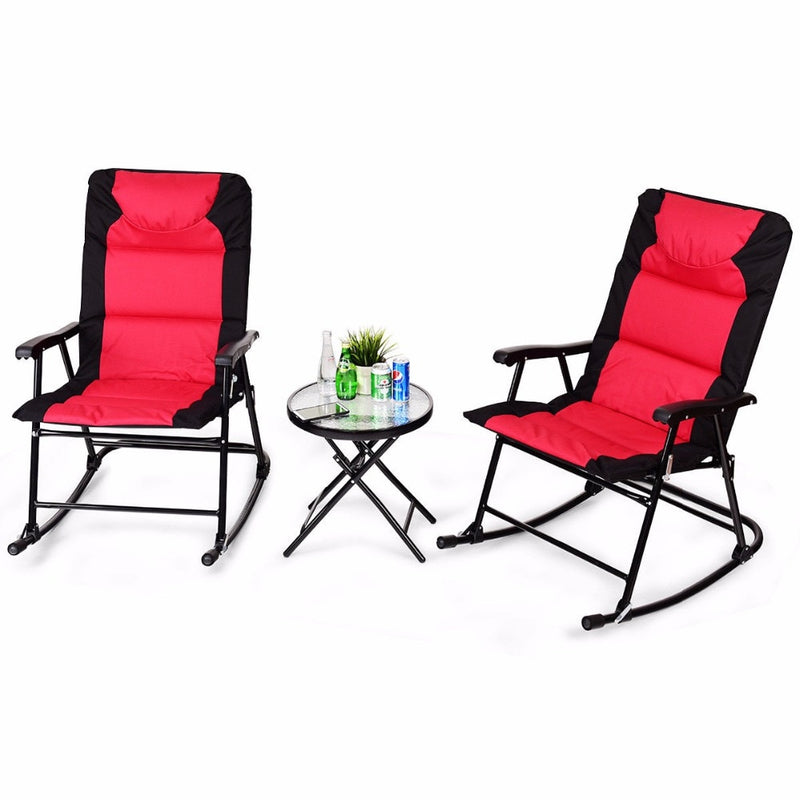 3 PCS Outdoor Folding Rocking Chair Table Set Bistro Sets Patio Furniture Red Outdoor Furniture OP3638
