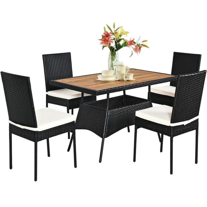 5 PCS Patio Rattan Dining Set Table w/Wood Top Cushioned Chars Garden Yard Deck HW64308+
