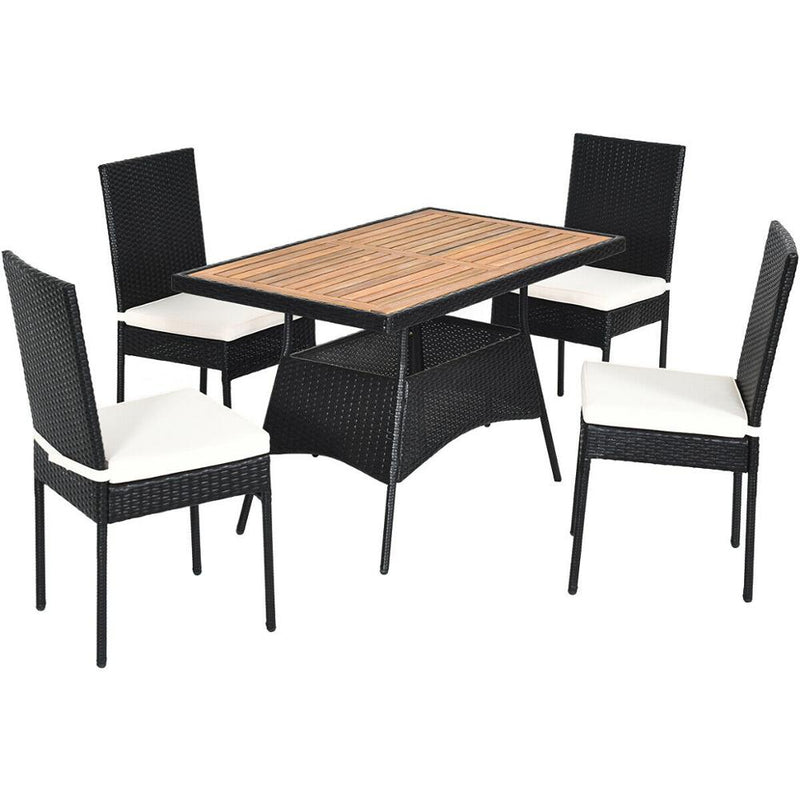 5 PCS Patio Rattan Dining Set Table w/Wood Top Cushioned Chars Garden Yard Deck HW64308+