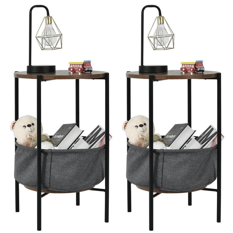 Set of 2 Industrial Round End Side Table Sofa Coffee Table w/ Storage Basket & Metal Frame