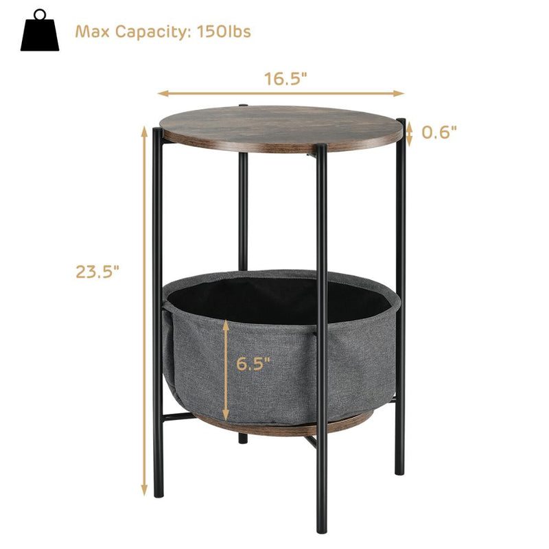 Set of 2 Industrial Round End Side Table Sofa Coffee Table w/ Storage Basket & Metal Frame