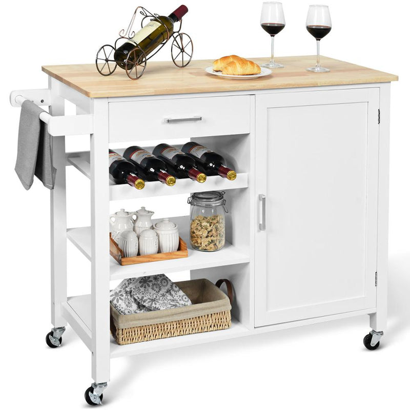 4-Tier Wood Kitchen Island Trolley Cart Storage Cabinet w/ Wine Rack & Drawer HW66112